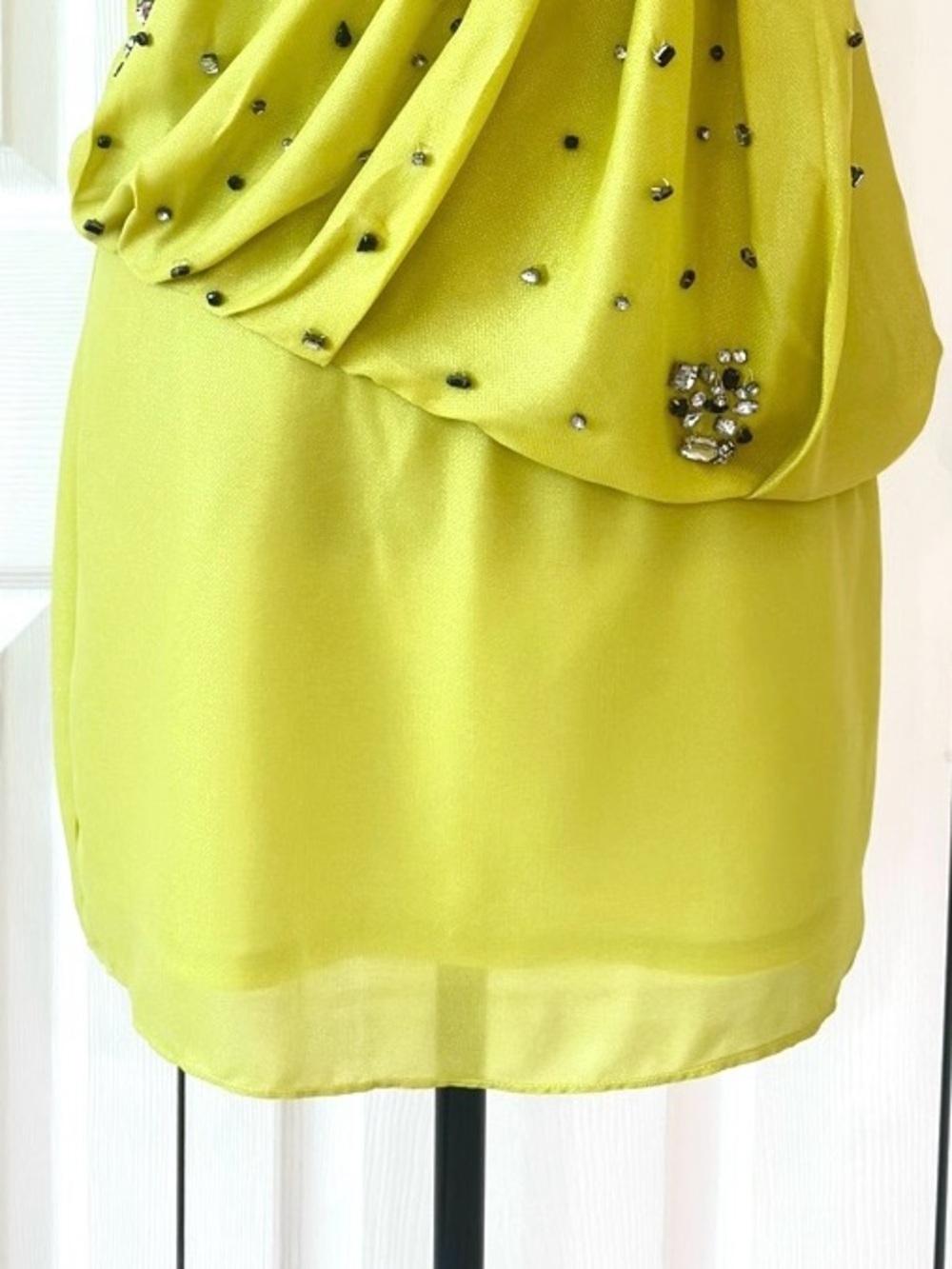Ark & Co Chartreuse One Shoulder Rhinestone Ruffle Cocktail Mini Dress - Picture 8 of 14